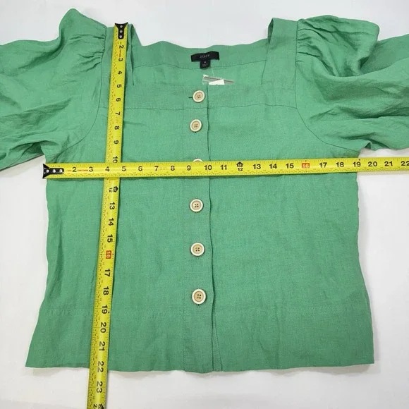 NEW J. Crew 100% Linen Women's Medium Green Top Blouse Preppy Office Puff Sleeve - Picture 11 of 12